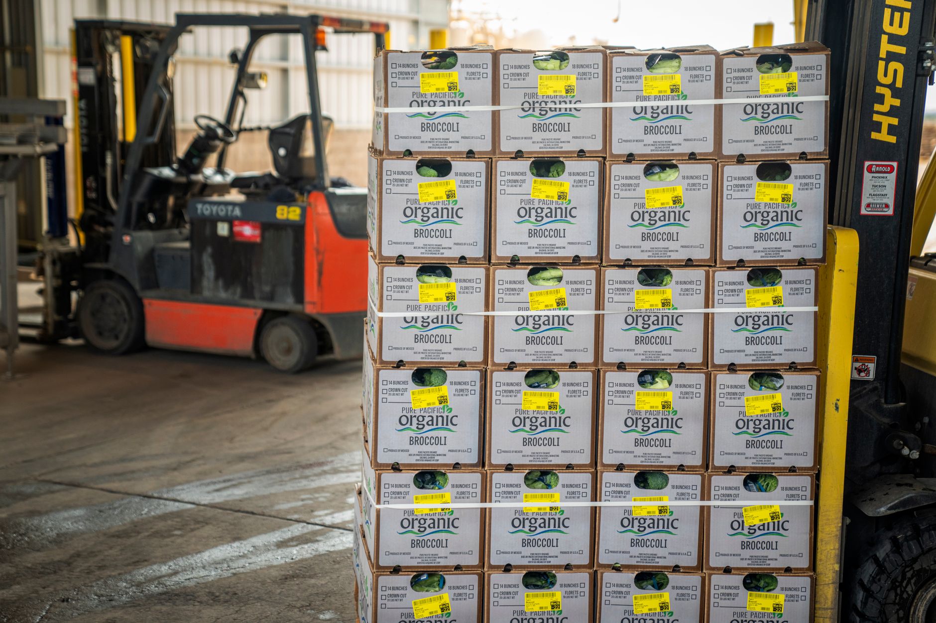 Pallet de caixas de hortaliças em uma central de distribuição, com empilhadeira ao fundo